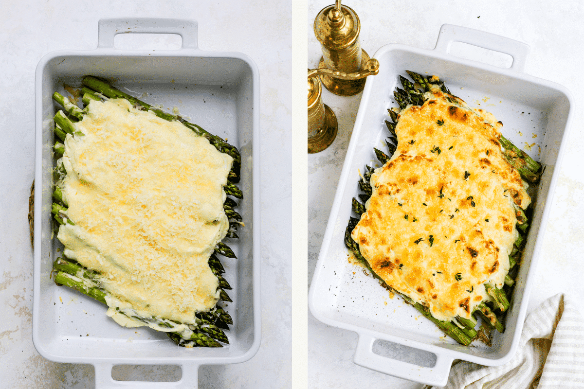 Left: baked casserole. Right: casserole topped with parmesan and broiled for golden color. 