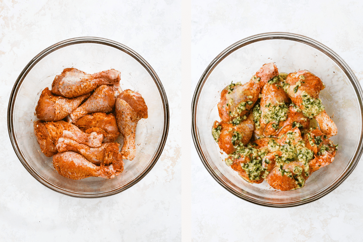 Left: seasoned drumsticks in bowl. Right: garlic butter added to seasoned drumsticks. 