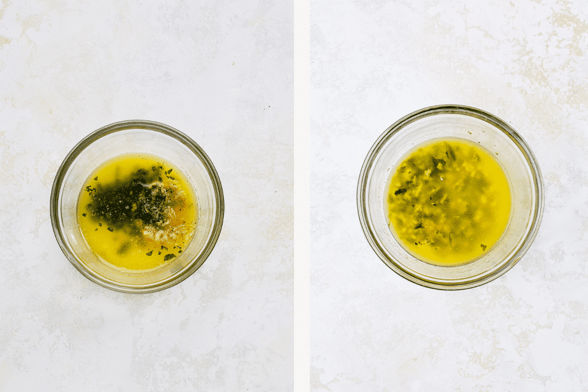 Left: garlic and parsley added to melted butter. Right: garlic and parsley mixed into butter. 
