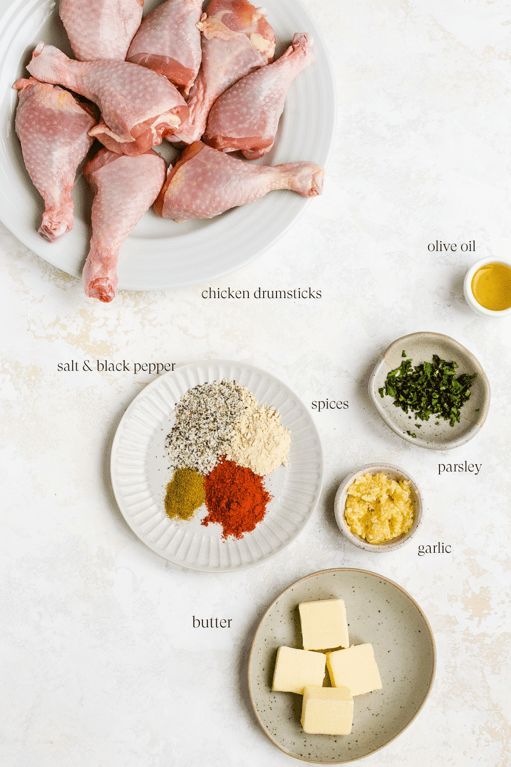 Ingredients for garlic butter baked chicken drumsticks. 