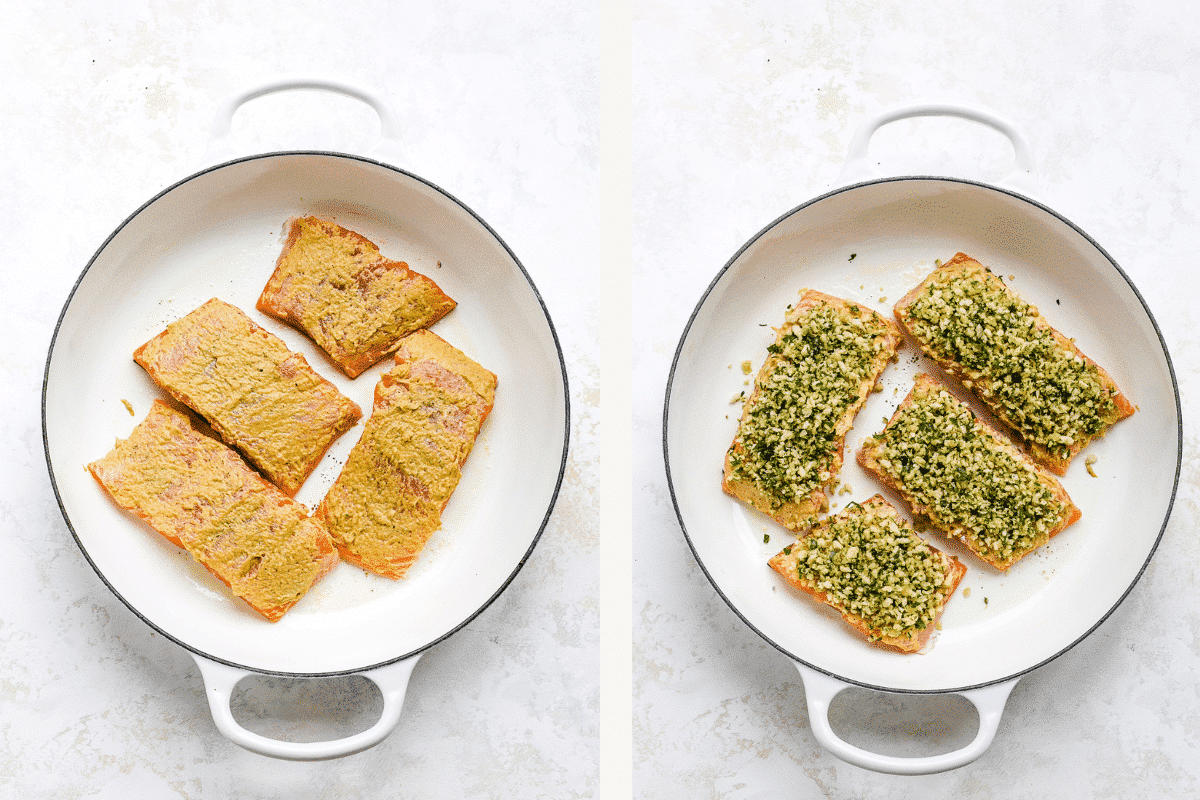 Left: fillets covered in mustard. Right: fillets covered in mustard and panko.