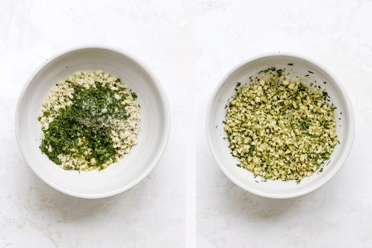 Left: panko topping ingredients measured into bowl. Right: panko topping mixed up in bowl. 