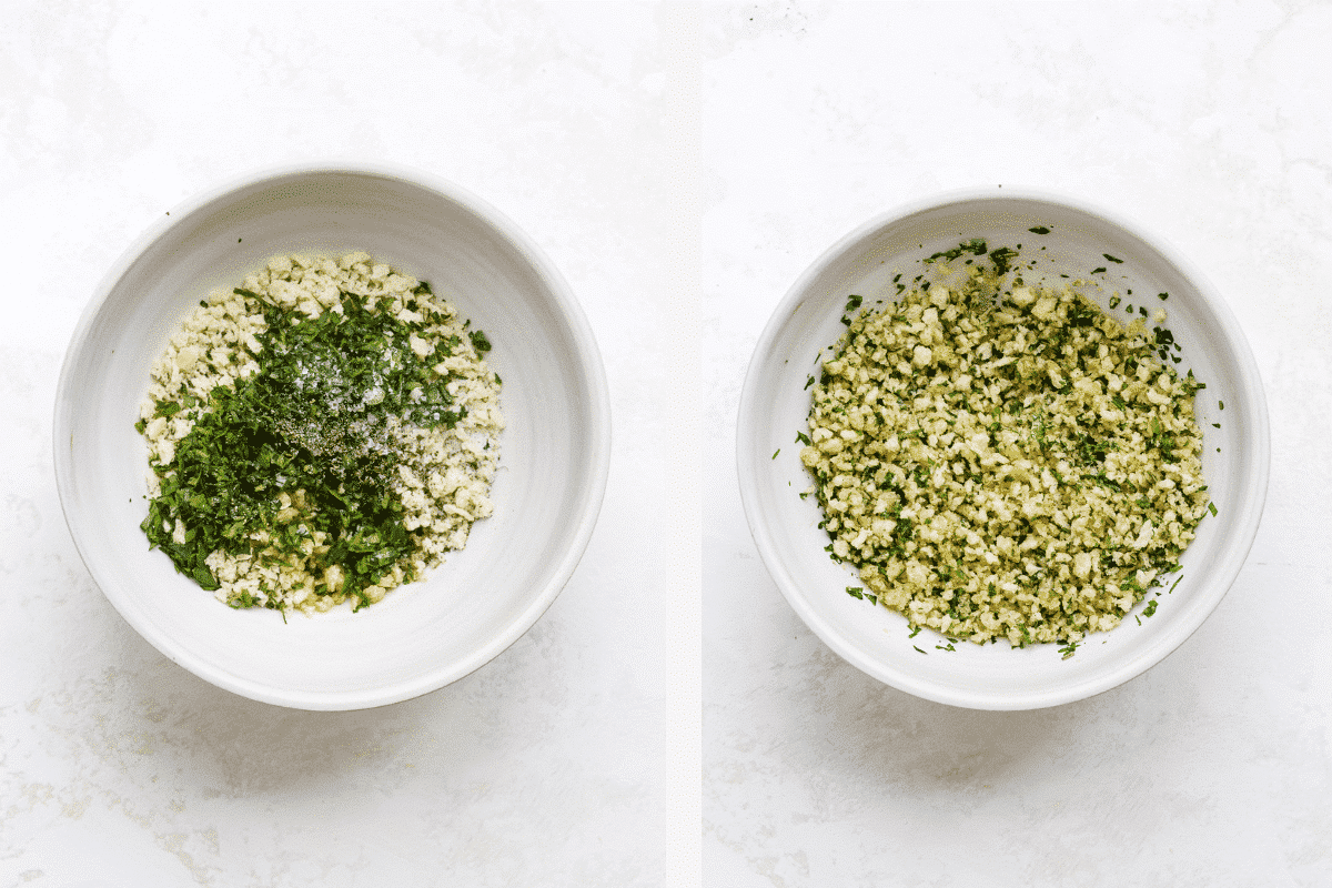 Left: panko topping ingredients measured into bowl. Right: panko topping mixed up in bowl.
