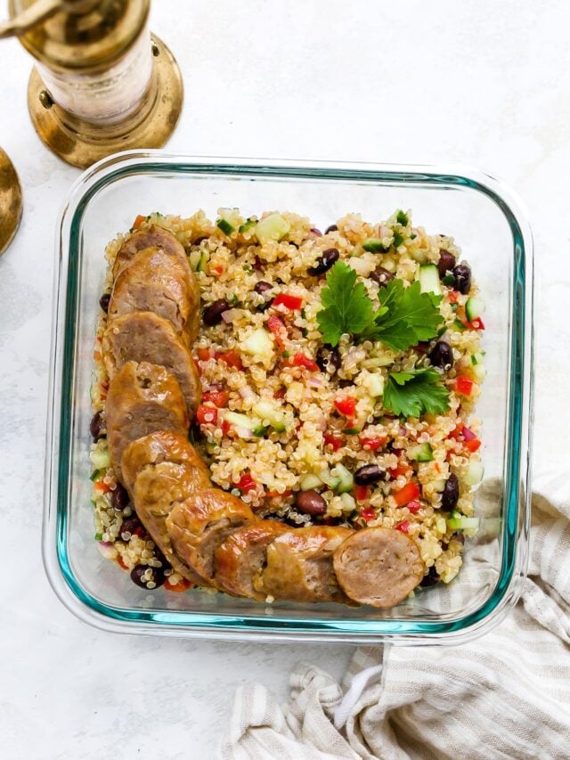 Quinoa salad portioned into meal-prep container.