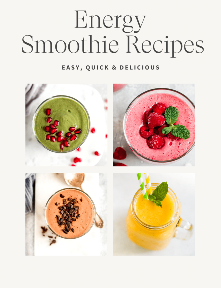 collage of many different photos of smoothie with a text that says "energy smoothie recipes"