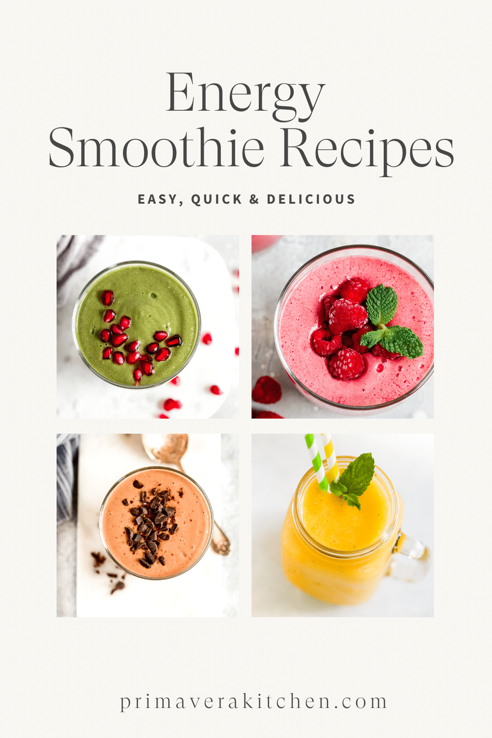 collage of many different photos of smoothie with a text that says "energy smoothie recipes"