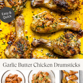 Titled Photo Collage (and shown): Garlic Butter Baked Chicken Drumsticks