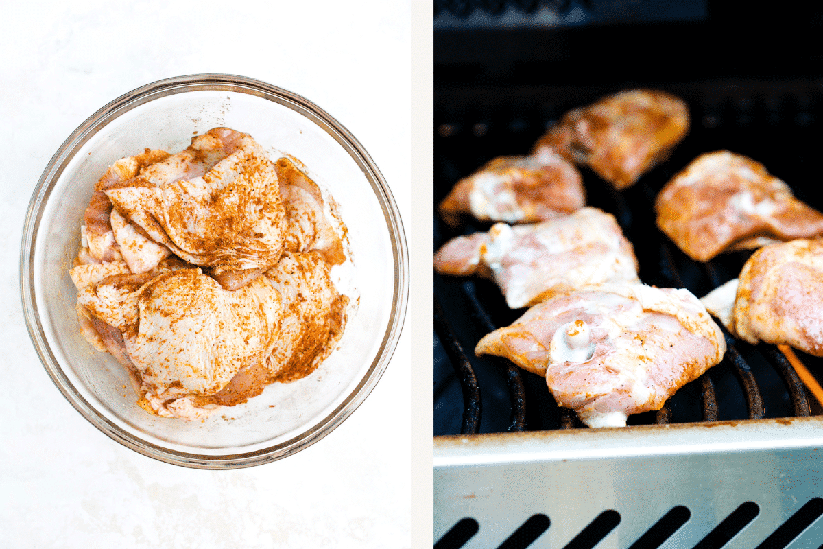 Raw chicken thighs in a glass bowl in the left image and on a grill in the right image