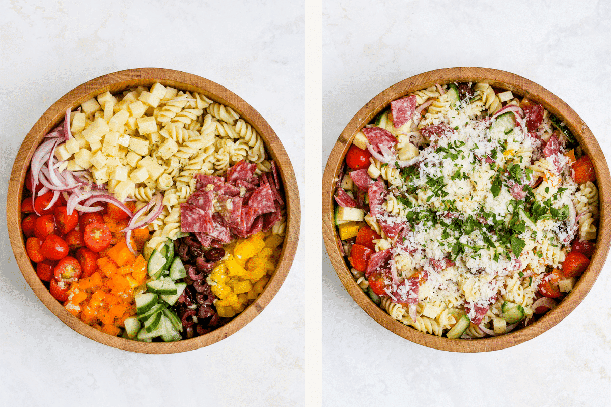 a set of two photos of Italian Pasta Salad recipe