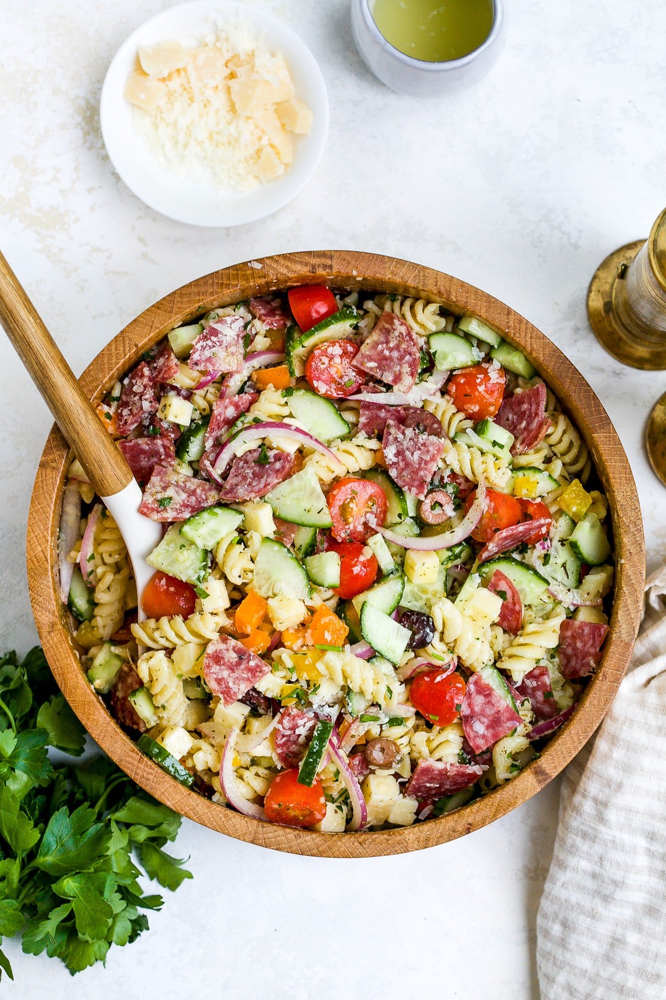 Overhead view of Italian Pasta Salad Recipe in a large wooden bowl. 