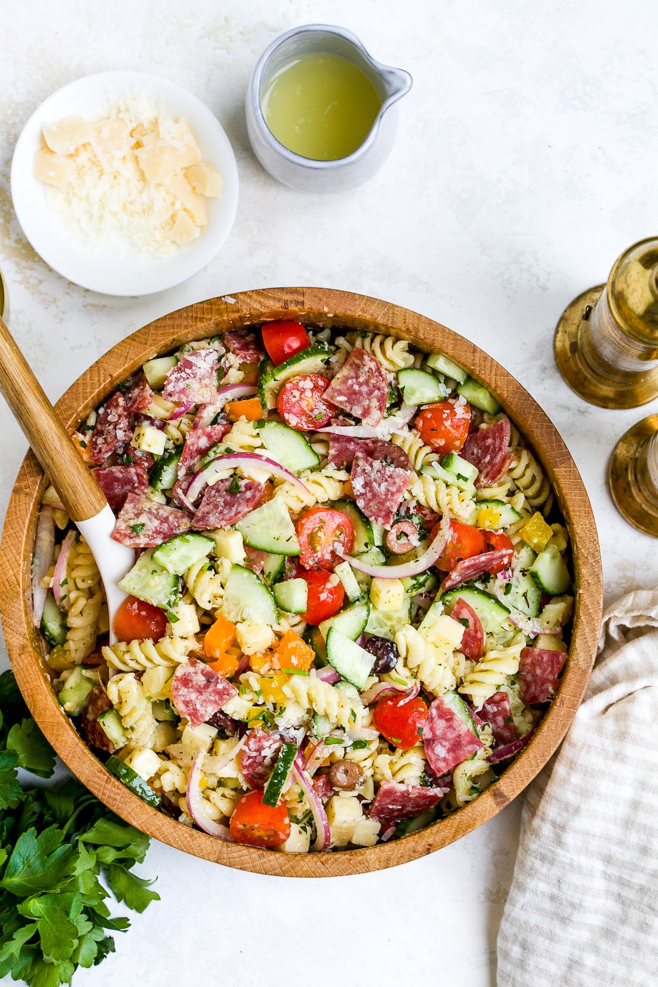 Overhead view of Italian Pasta Salad Recipe in a large wooden bowl. 