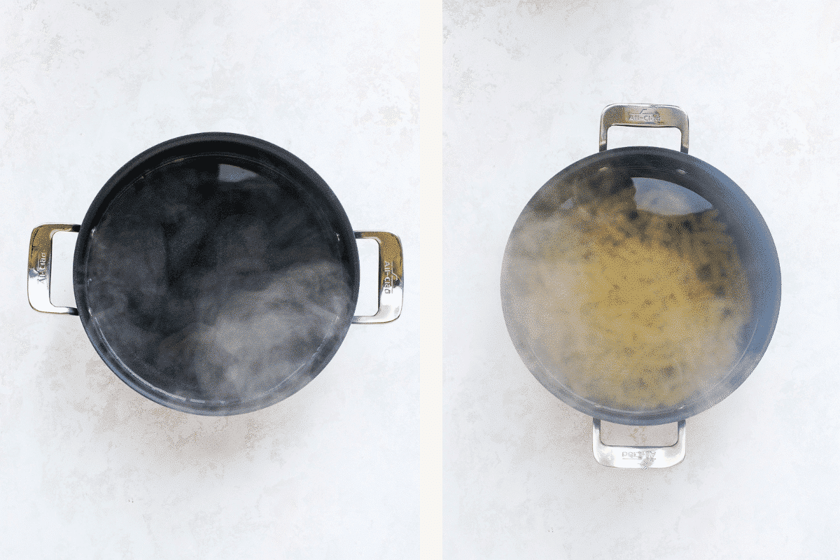 a set of two photos of boiling water and pasta. 