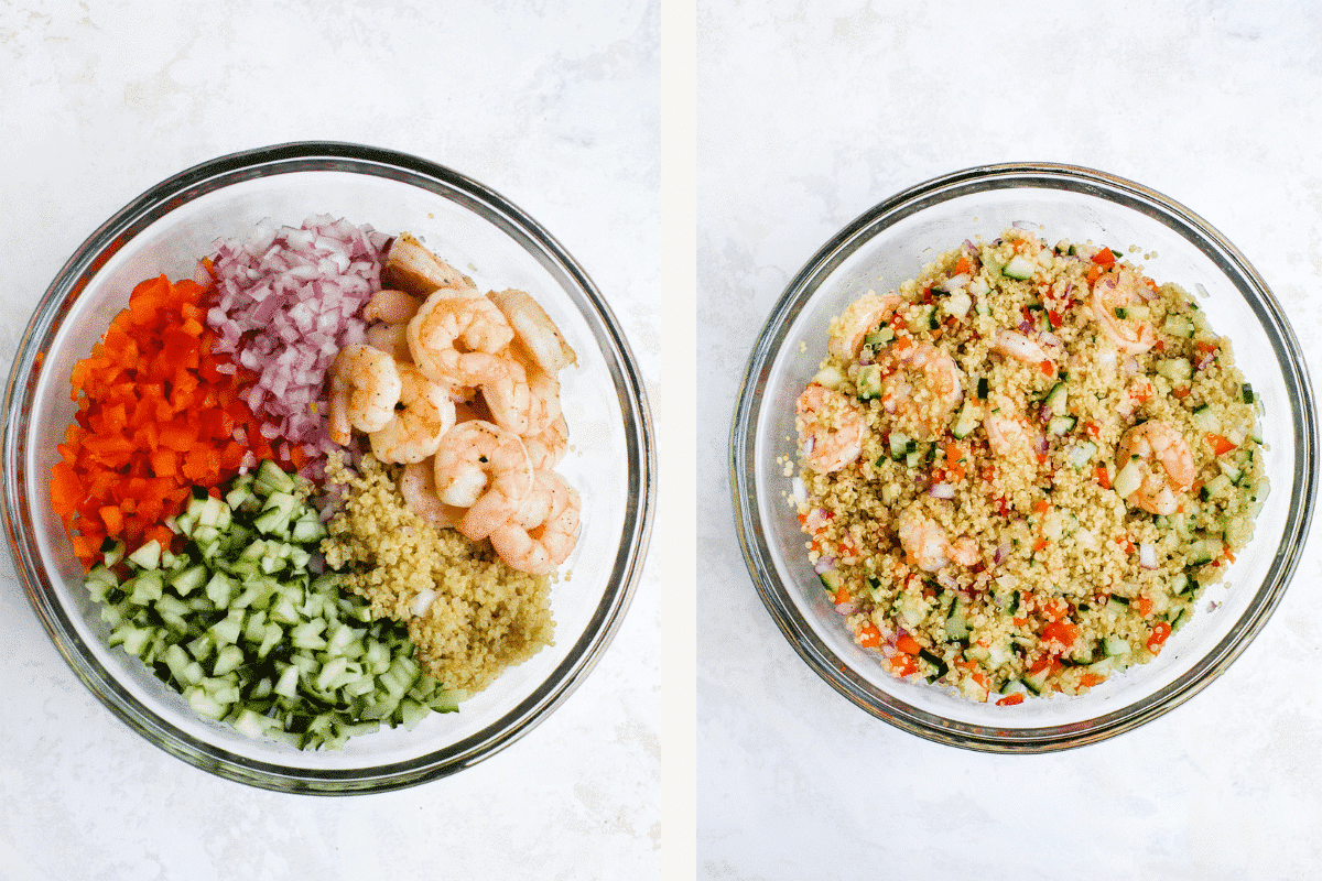 Overhead view of all the ingredients to make quinoa salad in a glass bowl.