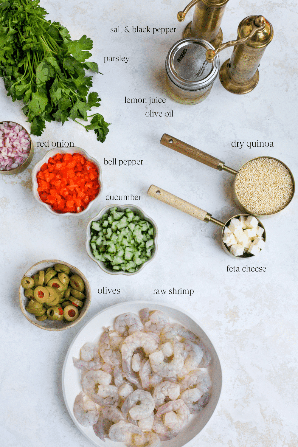 overhead view of the ingredients to make shrimp quinoa salad