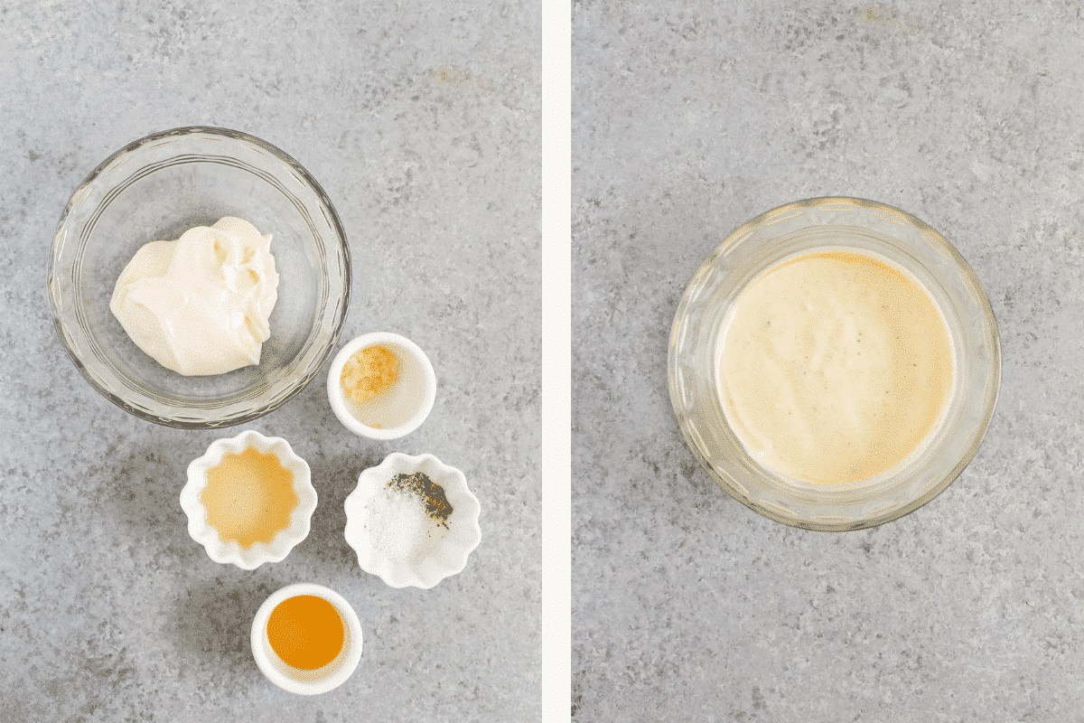 Two of photos showing the steps to put together the dressing for cauliflower potato salad