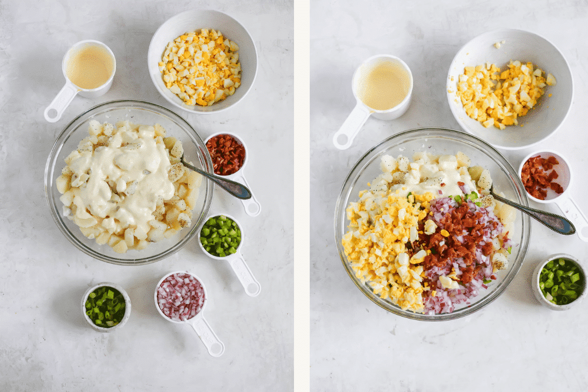 photo collage showing ingredients and steps to make potato salad