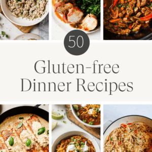A collage of six vibrant gluten-free dinner recipes, featuring chicken, pasta, and chili, surrounds the text “50 Gluten-free Dinner Recipes.”