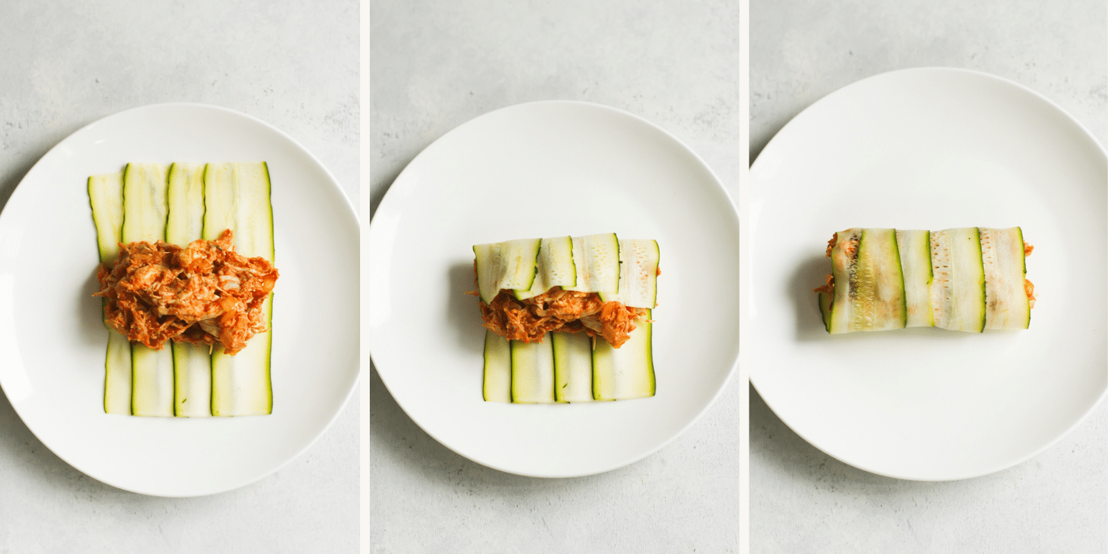 Rolling enchilada filling up in thin zucchini slices. 