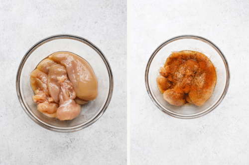 Two glass bowls: one with raw chicken breast pieces, the other with chicken pieces coated in various seasonings for a Mediterranean Chicken Skillet Recipe, all arranged on a white surface.