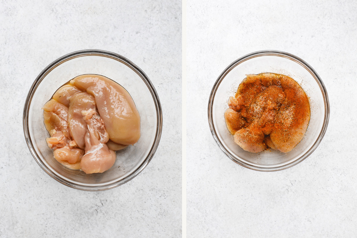 Left: bowl with chicken and olive oil. Right: seasonings added to chicken.