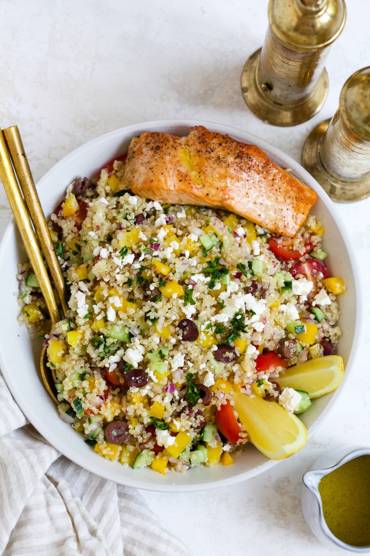 Mediterranean quinoa salad in a serving bowl. 