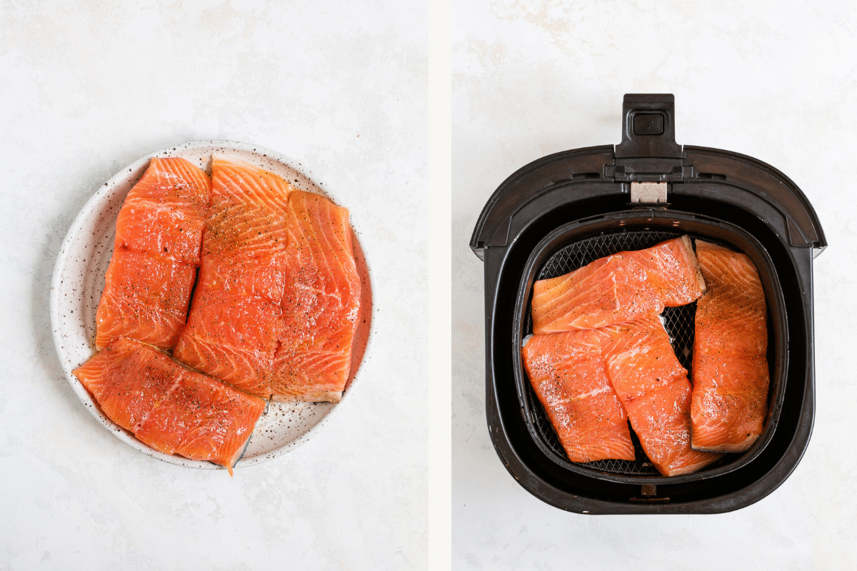 Left: seasoned salmon fillets on plate. Right: fillets arranged in air fryer. 