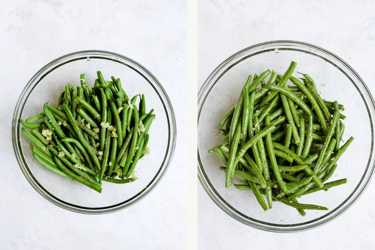 Seasoning green beans in a large mixing bowl.