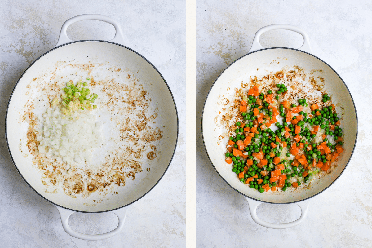 Left: sautéing onion and garlic in skillet. Right: peas and carrots added to skillet. 