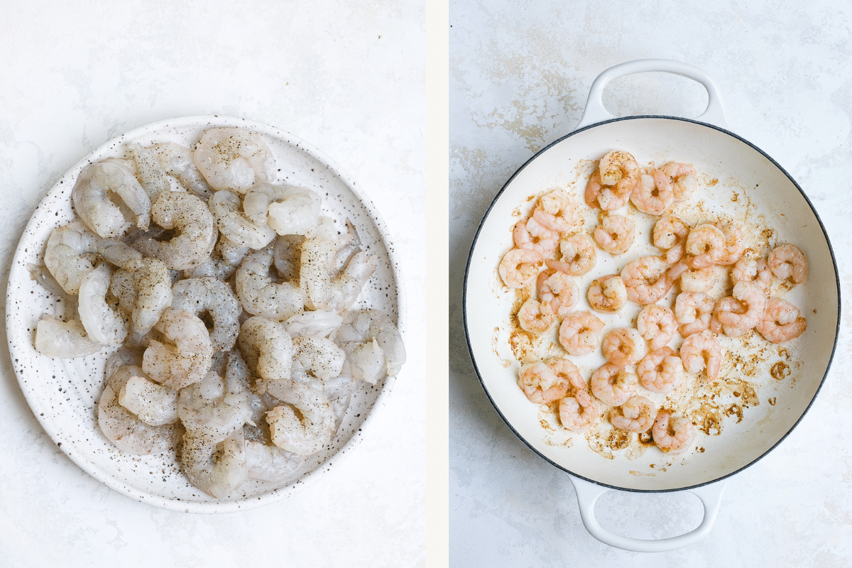 Left: raw, seasoned shrimp in bowl. Right: sauteing shrimp in skillet.