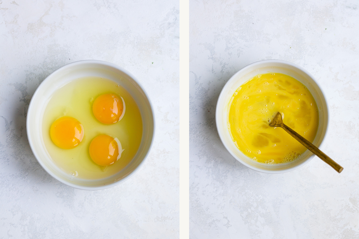 Left: eggs cracked into bowl. Right: eggs whisked up in bowl. 