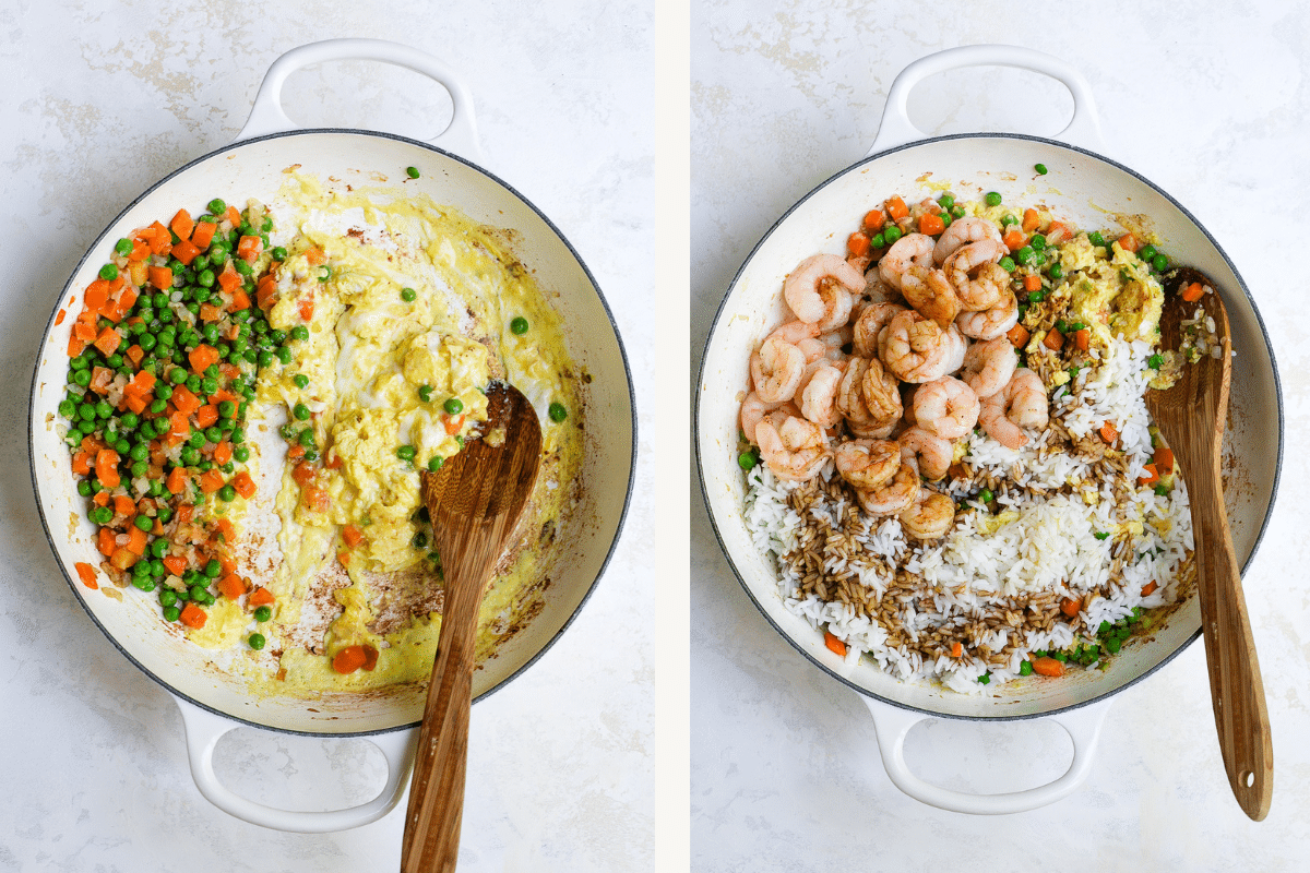 Left: scrambling eggs in one half of skillet. Right: mixing all fried right components together. 