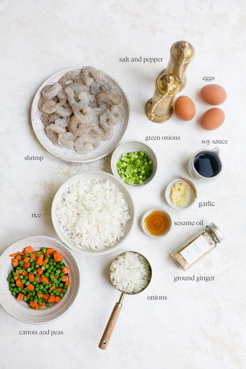 Ingredients for shrimp fried rice.
