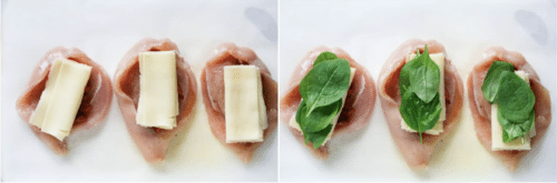 Four raw Spinach Stuffed Chicken Breasts are shown cut open and filled with cheese slices on the left; on the right, each breast is topped with fresh spinach leaves along with the cheese.