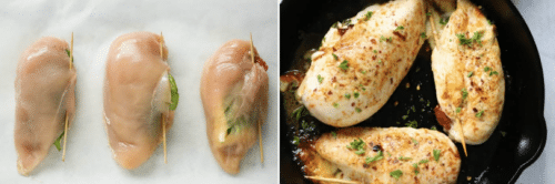 Side-by-side images: on the left, three Spinach Stuffed Chicken Breasts with cheese secured by toothpicks; on the right, the cooked Spinach Stuffed Chicken Breasts are garnished with chopped herbs in a skillet.
