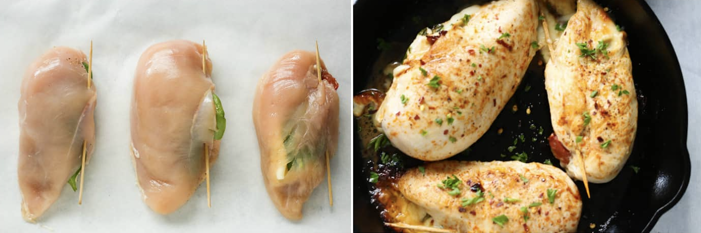 Left: raw, stuffed chicken breasts secured with toothpicks. Right: Seared chicken in skillet.