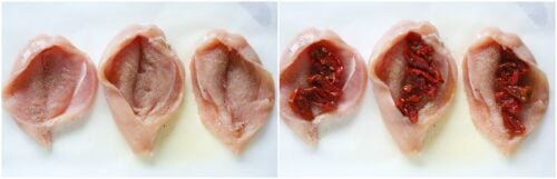 Three raw chicken breasts are sliced open and seasoned; the right half of the image shows them filled with sun-dried tomatoes, similar to a Spinach Stuffed Chicken Breast preparation. The arrangement sits neatly on a white surface.