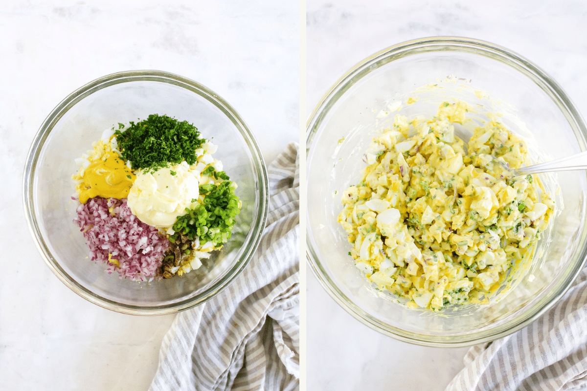 ingredients for the egg salad in a bowl (left side). Egg salad being mixed in a bowl (right side)