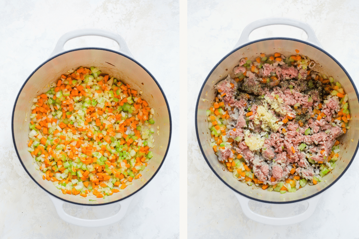 Left: sauteing mirepoix. Right: turkey and seasonings added to pot.