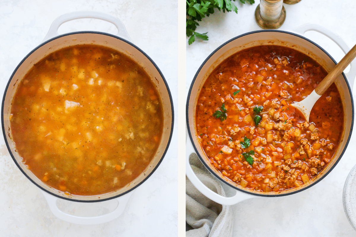 Left: broth, tomatoes and potatoes added to pot. Right: ground turkey vegetable soup.