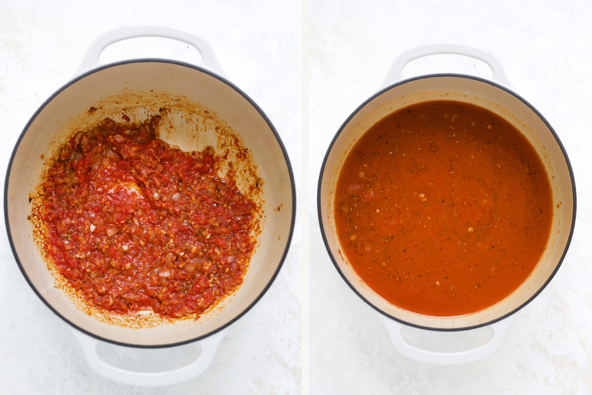 Left: tomato paste and crushed tomato added to pot. Right: broth added to pot.