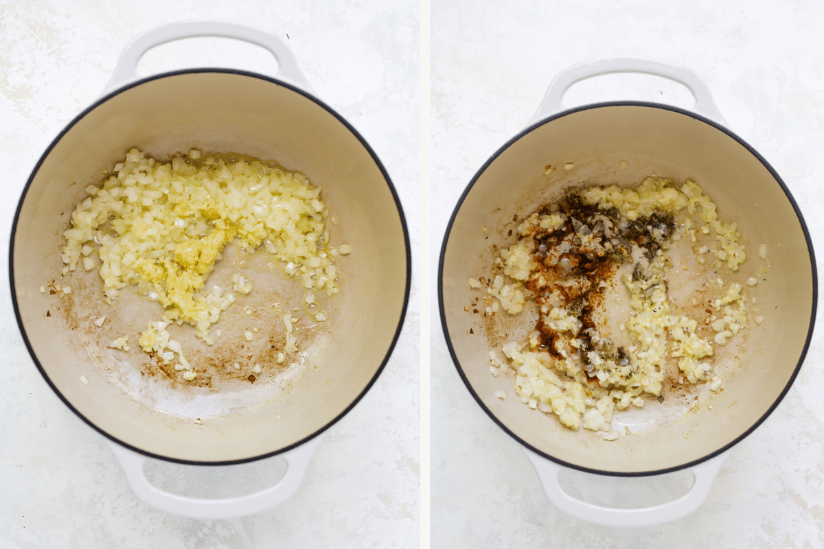 Left: sauteing diced onion in pot. Right: seasonings added to pot.