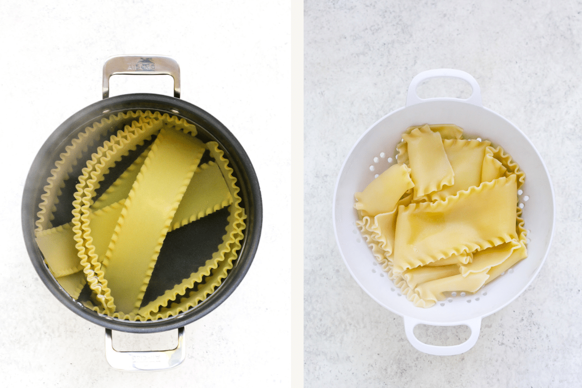 Left: boiled noodles in water. Right: drained noodles in colander. 