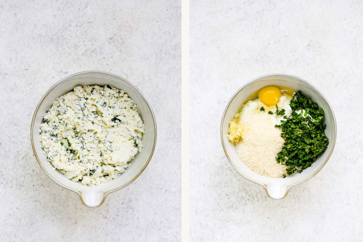 Left: cheese filling mixture. Right: ingredients for cheese filling measured into large bowl. 