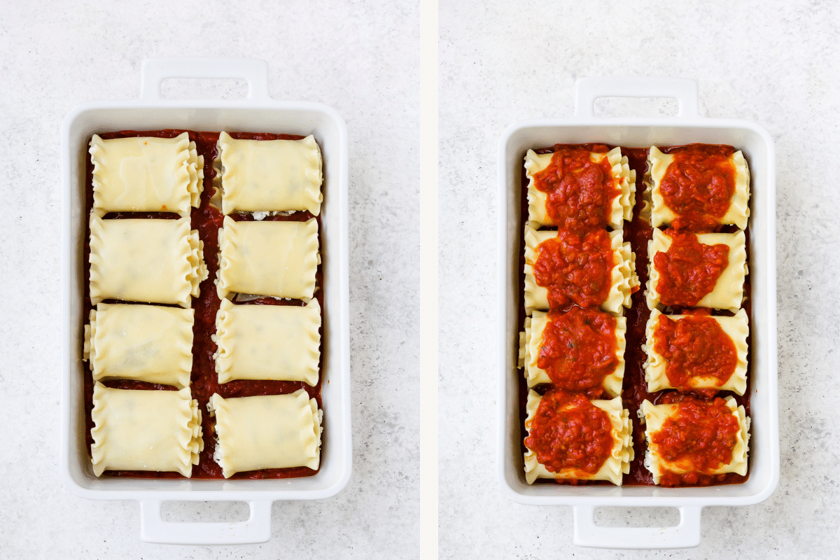 Left: lasagna rolls lined in dish. Right: lasagna rolls topped with sauce. 