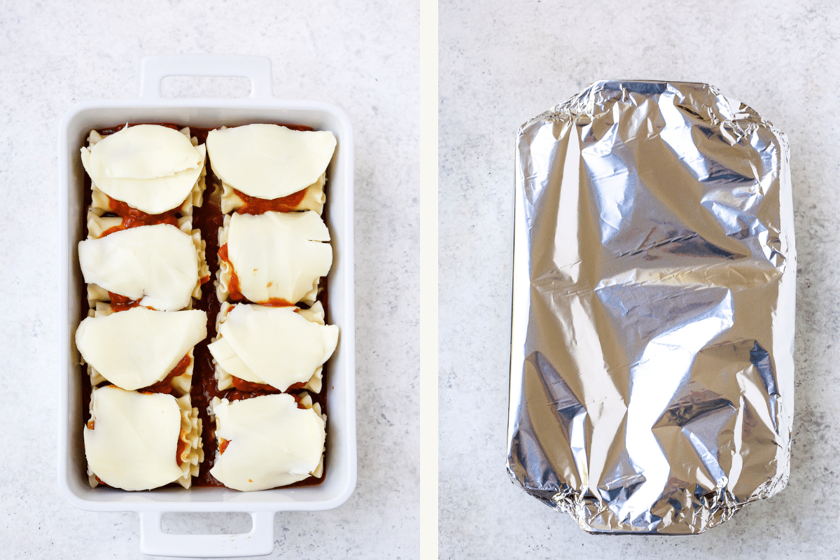 Left: lasagna rolls topped with cheese and sauce. Right: baking dish covered with foil. 