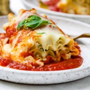 closeup of a lasagna roll ups on a white plate