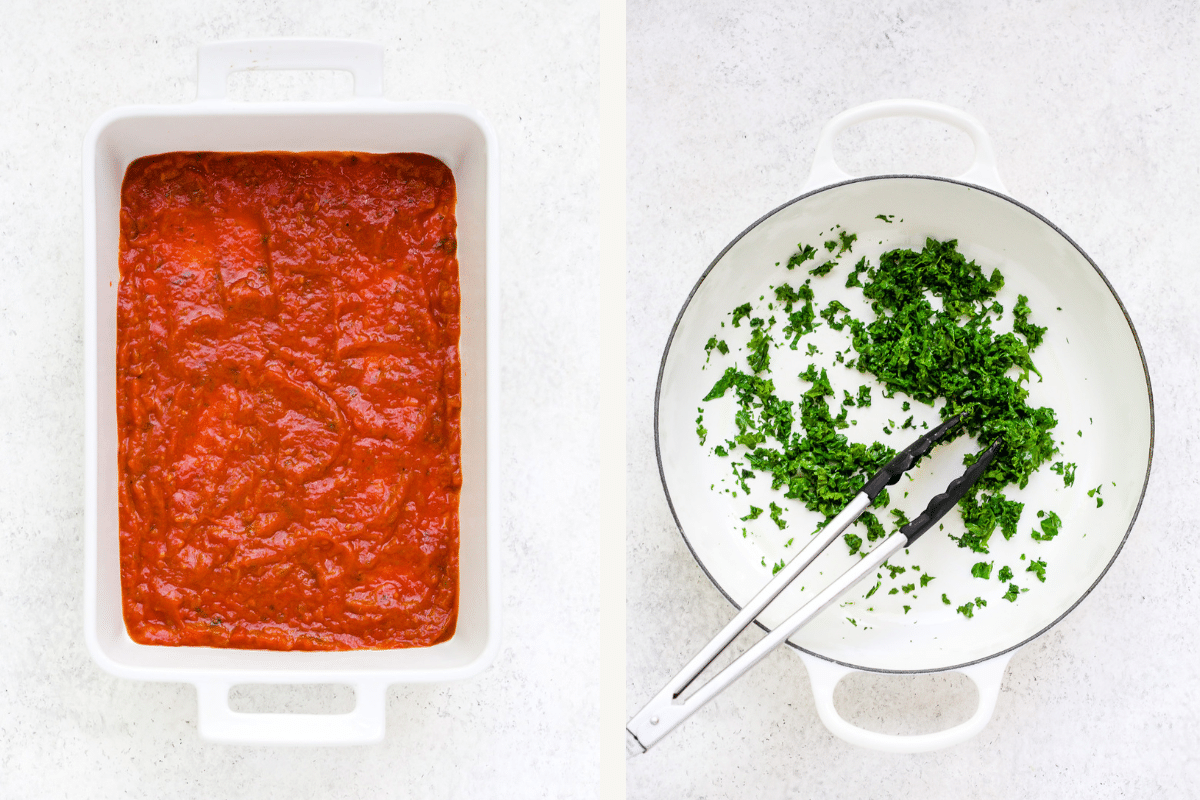 Left: layer of tomato sauce in baking dish. Right: sauteed kale.