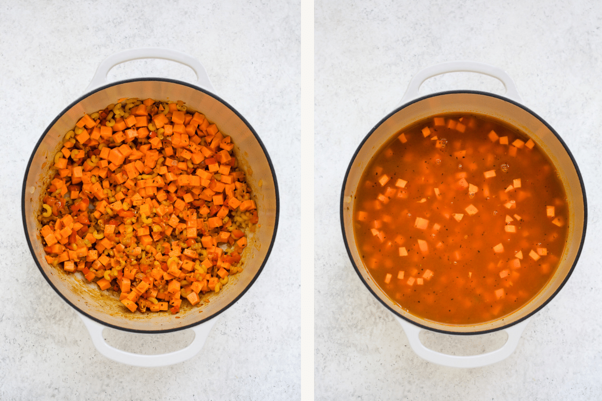 Left: diced sweet potato added to pot. Right: broth added to pot.