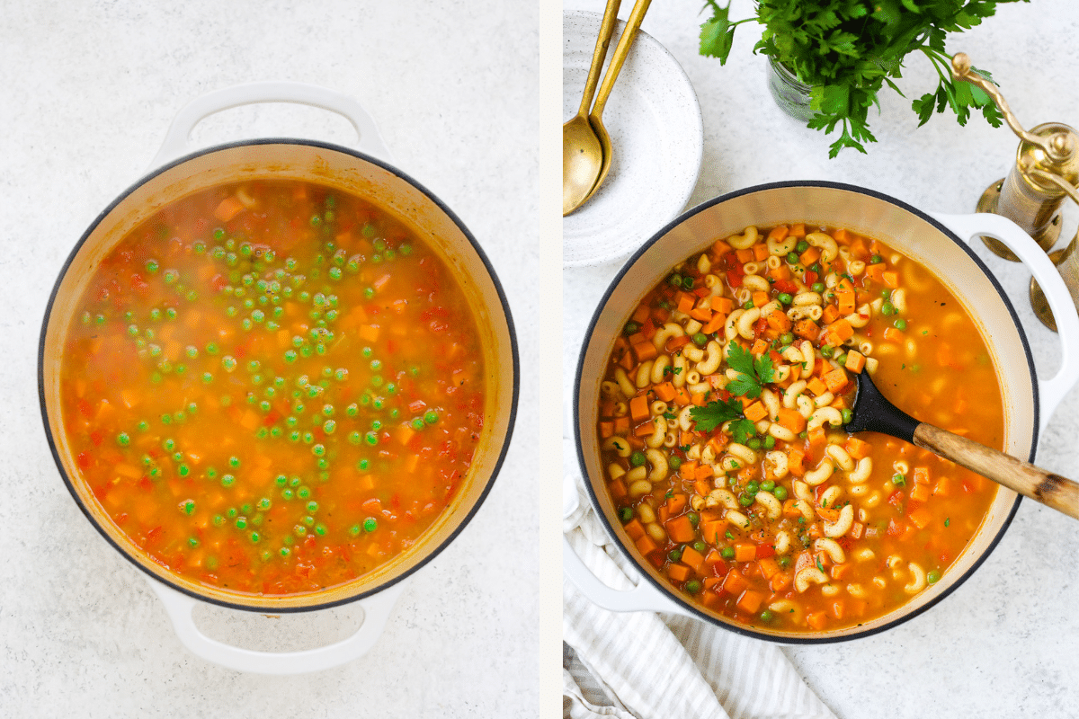 Left: peas added to pot. Right: pasta added to pot. 