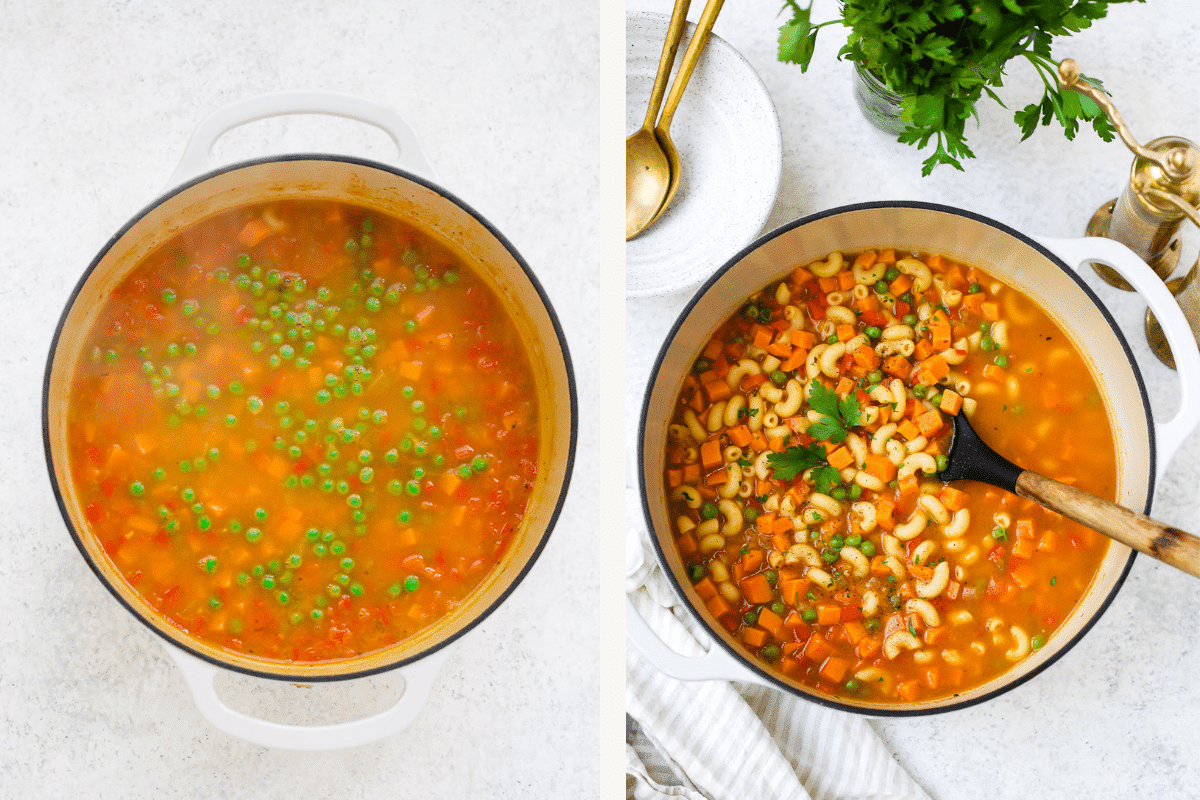 Left: peas added to pot. Right: pasta added to pot.